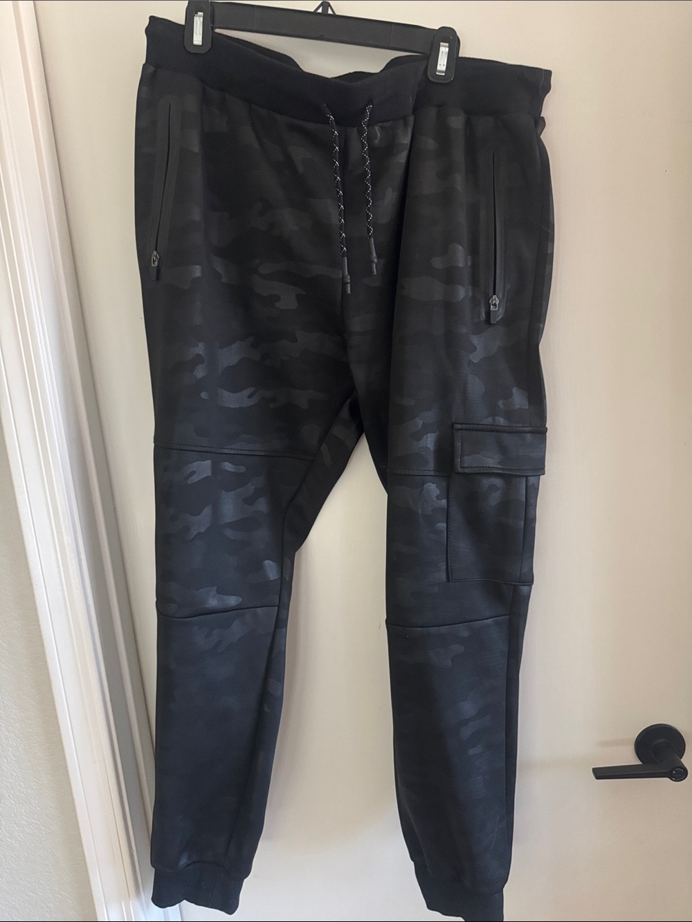 Men's Black Camo Cargo Joggers with Drawstring Waist